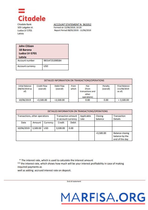 Printable Latvia Citadele bank statement word download for verification